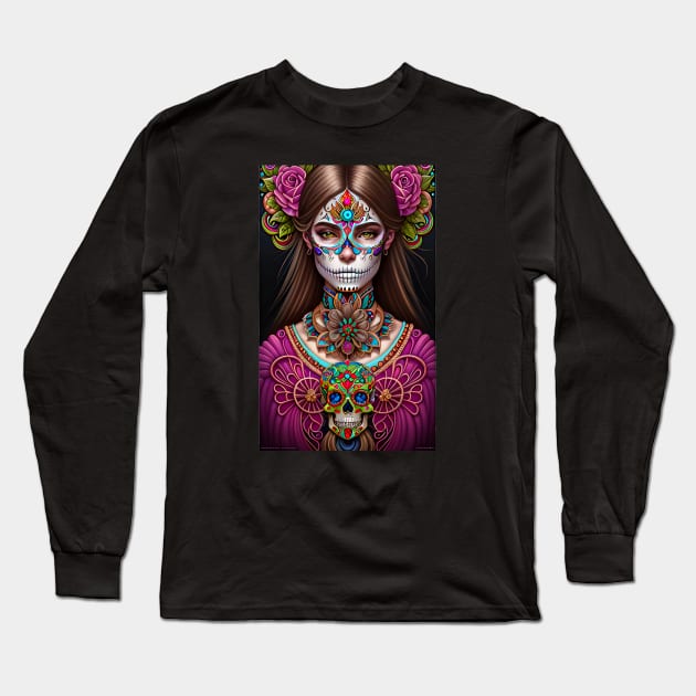 Colorful Sugar Skull Art - Striking Woman in Makeup Long Sleeve T-Shirt by ImaginativeInkPOD